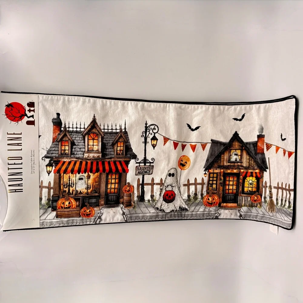 Haunted Lane Halloween Table Runner Beaded Sequined Village Ghost Haunted House